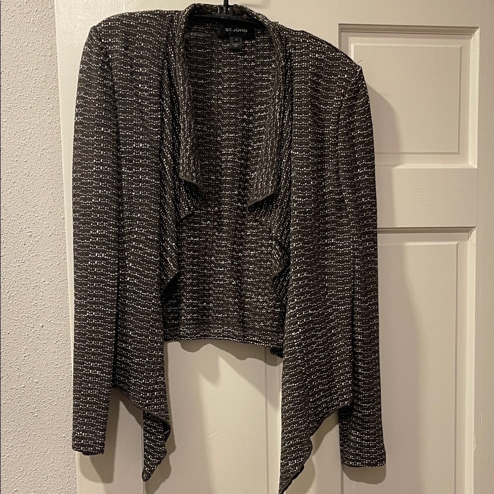 Chic St John Brown and White Open Front Jacket